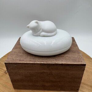 Vintage Sleeping Cat Trinket Box, gift present cat lover white glass